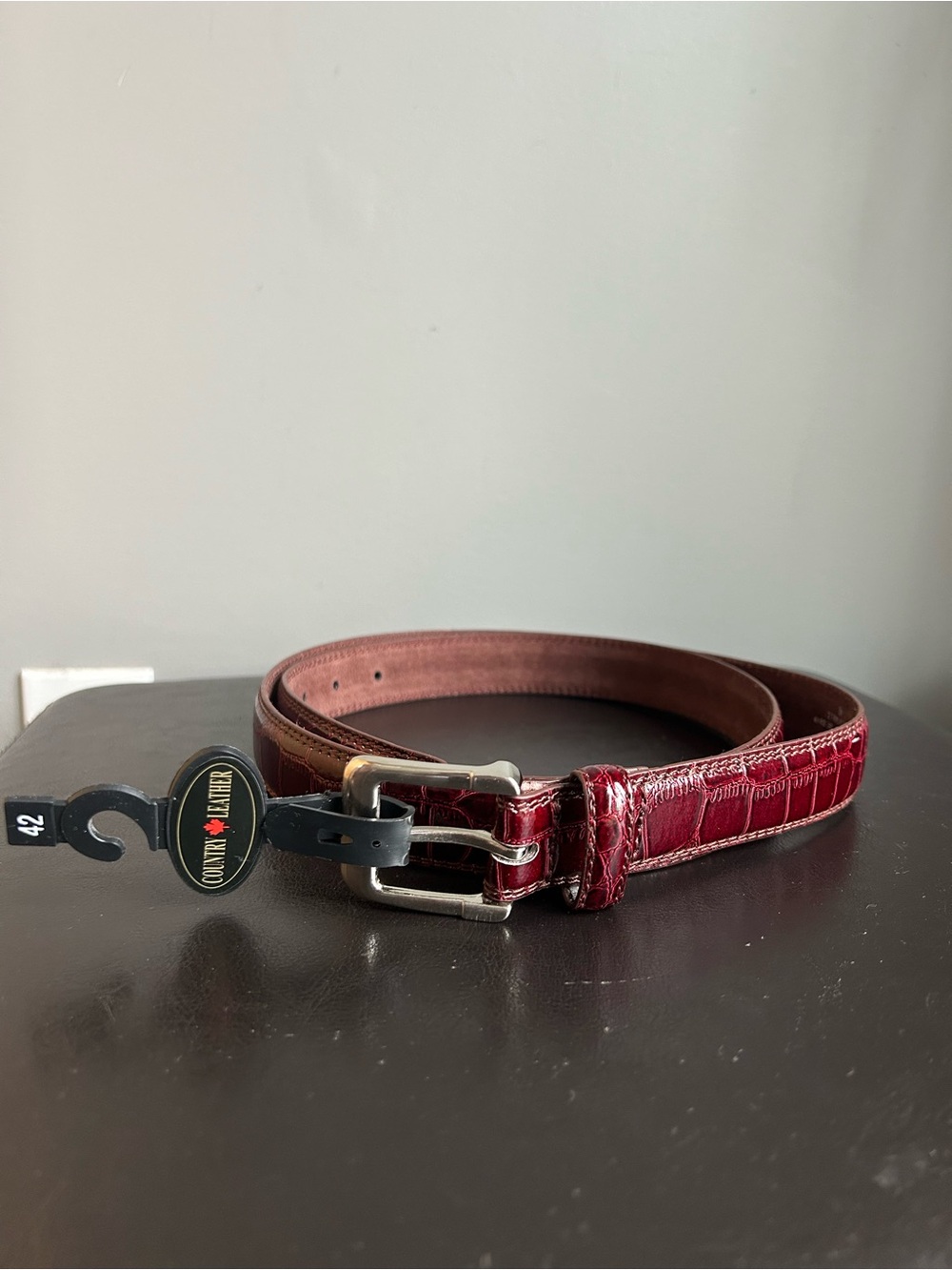 Country Leather Burgundy Croc-Embossed Leather Belt with Silver Buckle